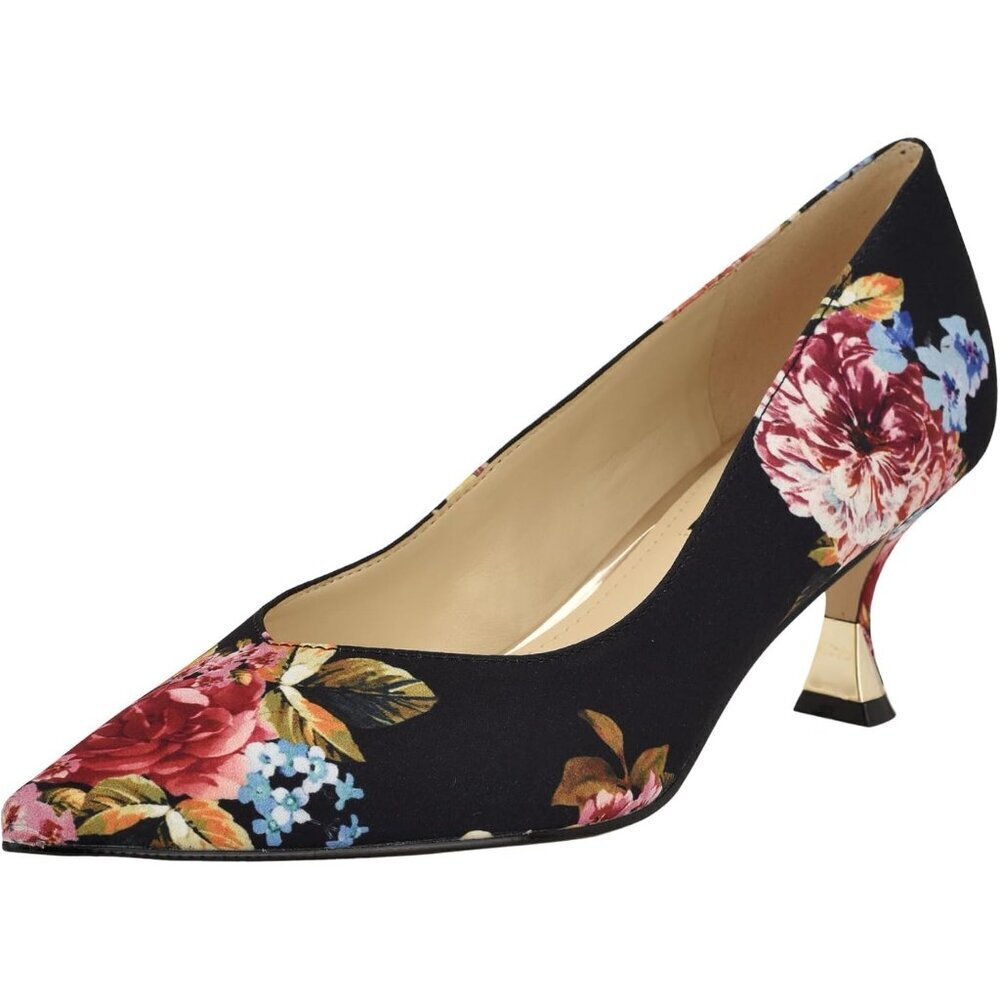 Nine West Womens Black Rose Leather Closed Pointed Toe Kitten Heels Pumps Shoes